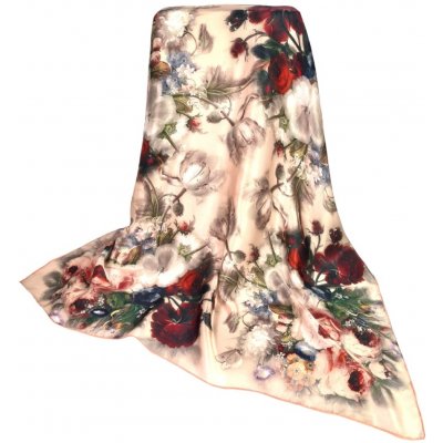 dámský hedvábný květinový šátek jemně růžový s béžovou a červenými květy
