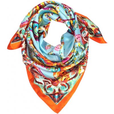 Classic Scarf dámský oranžový šátek na krk s tyrkysovým středem růžemi a ornamenty – Zboží Mobilmania