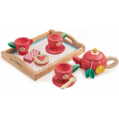 Leaf Toys Tea Tray Tender drevená tácka s čajovou súpravou s čajníkom a koláčmi 12 doplnkov