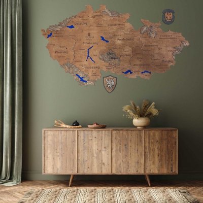 2D Dřevěná mapa České republiky s jezery a horami - Ořech (L) 120 x 65 cm – Hledejceny.cz