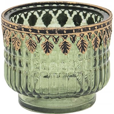 Zelený skleněný svícen na čajovou svíčku s kovovým lemem - Ø 9*8 cm