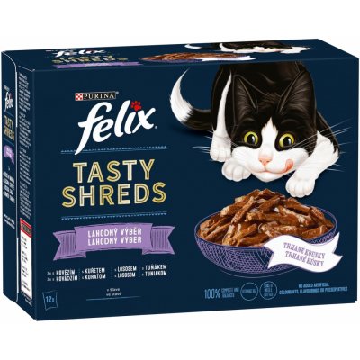 Felix Tasty Shreds s hovězím kuřetem lososem tuňákem ve šťávě 12 x 80 g – Hledejceny.cz