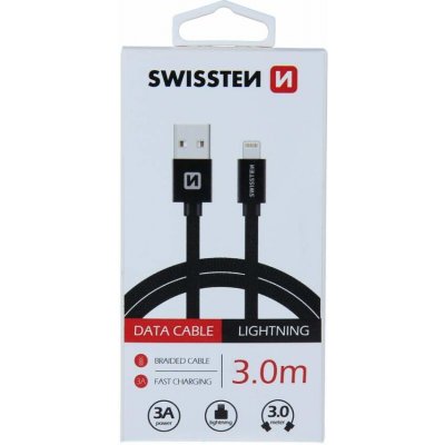Swissten 71527600 USB 2.0, zástrčka A - zástrčka Lightning, opletený, 3m, černý – Zboží Mobilmania