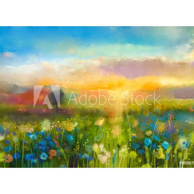 WEBLUX 90987549 Samolepka fólie Oil painting flowers dandelion Olejomalba květiny pampeliška, chrpa, sedmikráska v polích. Západ slunce louka krajina s wildflower, kop, rozměry 100 x 73 cm – Zboží Mobilmania