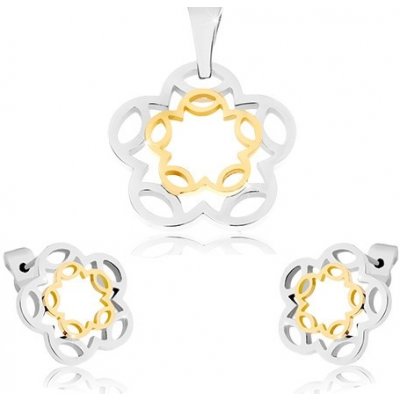 Šperky eshop ocelový set přívěsek a náušnice stříbrno-zlaté barvy obrysy květů S54.19 – Zboží Mobilmania