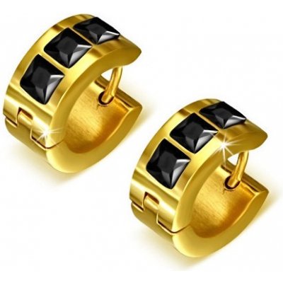 Šperky eshop zlaté kruhové náušnice z oceli tři černé čtvercové kamínky S37.03 – Zboží Mobilmania