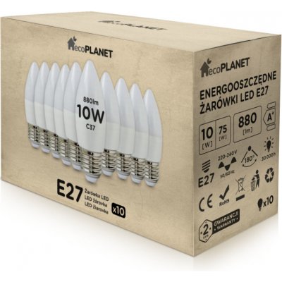 EcoPlanet 10x LED žárovka E27 10W svíčka 880Lm teplá bílá