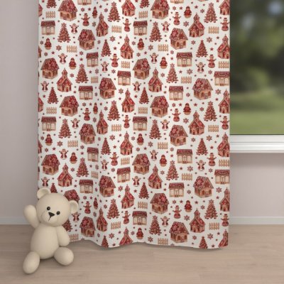 Biante Vánoční bavlněný závěs Sandra SA-806 Červené perníkové chaloupky a sněhuláci na bílém 150x190 cm – Hledejceny.cz