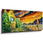 Obraz 1D panorama - 120 x 50 cm - Impressionism oil painting landscape paint art Red sea ship, scarlet sails, sunset over mountains, yellow Impresionismus olejomalba kra – Hledejceny.cz