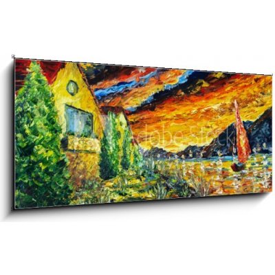 Obraz 1D panorama - 120 x 50 cm - Impressionism oil painting landscape paint art Red sea ship, scarlet sails, sunset over mountains, yellow Impresionismus olejomalba kra – Hledejceny.cz