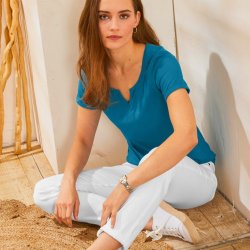Blancheporte Jednobarevné tričko s tuniským výstřihem paví modrá