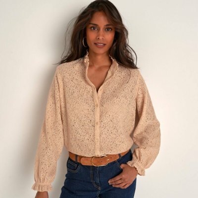 Krajková halenka se stojáčkem a volánky písková – Zboží Dáma