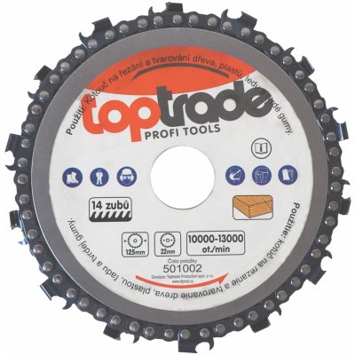 TOPTRADE kotouč řezný, řetězový, na dřevo, pro úhlovou brusku, 125 mm x 14 zubů – Zboží Mobilmania