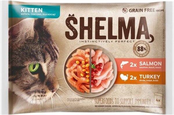 Shelma Kitten bezobilné dušené filetky losos a krůta 4 x 85 g