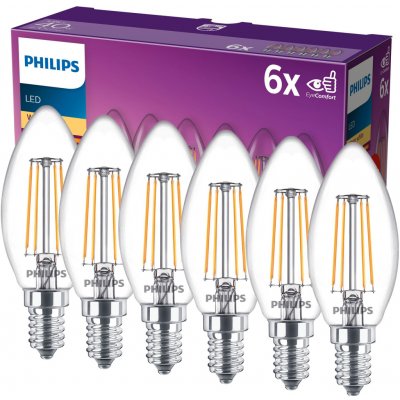Philips 6x LED svíčková žárovka E14 B35 4,3W = 40W 470 lm 2700K teplá bílá vlákno – Hledejceny.cz