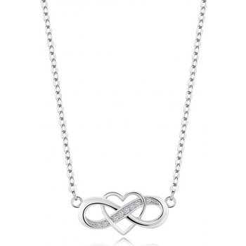 Šperky eshop Stříbrný náhrdelník symbol nekonečna, tenký obrys srdce, čiré zirkony V03.02