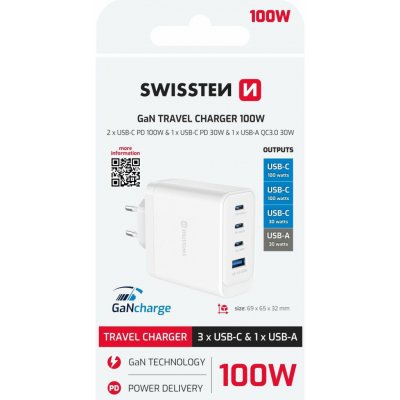Nabíječka Swissten SWISSTEN CORE GaN 100W síťový adaptér, 4portový, 2x USB-C PD 100W + 1x USB-C PD 20W + 1x US – Zboží Živě