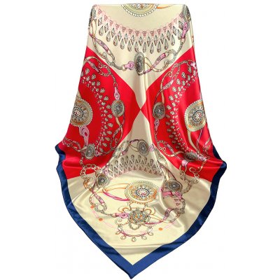 viskózový šátek na krk s ornamenty růžice čtvercový červený béžový růžový a modrý – Zbozi.Blesk.cz