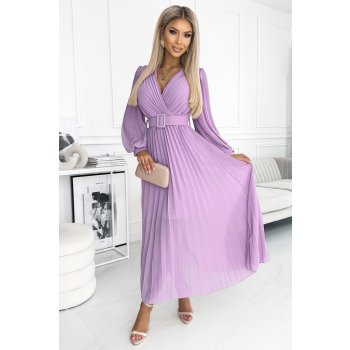 Numoco Skládané šifonové šaty s dlouhými rukávy a páskem klara fialové