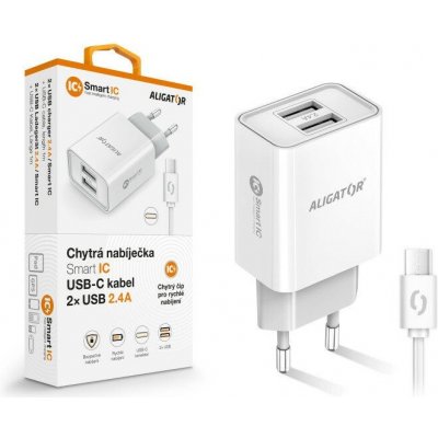 Chytrá síťová nabíječka ALIGATOR 2.4A, 2xUSB, smart IC, bílá, USB-C kabel 2A – Zbozi.Blesk.cz