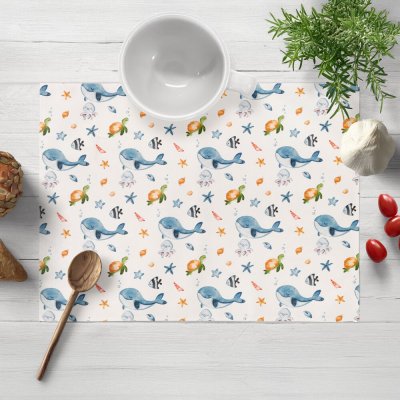Biante Dětské bavlna prostírání Sandra SA-660 Modré velryby a mořská zvířátka na bílém 30x40 cm – Hledejceny.cz