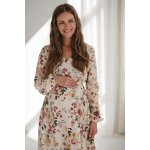 Těhotenské lněné kojící šaty Lovely Midi Dress Cream with Flowers – Zboží Dáma