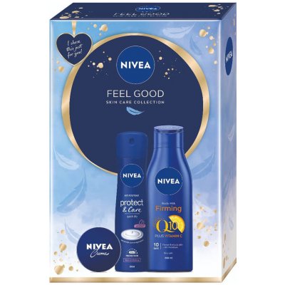 Nivea Feel Good sada tělové mléko Body Milk Firming Q10 250 ml + antiperspirant Protect & Care 150 ml + univerzální krém 30 ml