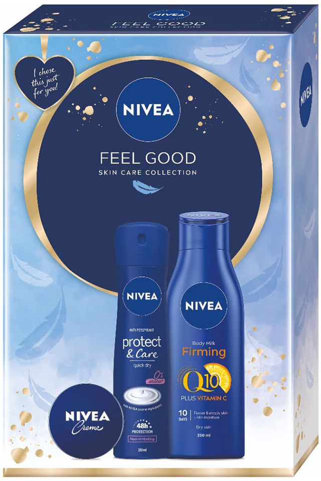 Nivea Feel Good sada tělové mléko Body Milk Firming Q10 250 ml + antiperspirant Protect & Care 150 ml + univerzální krém 30 ml