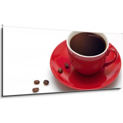 Obraz 1D panorama - 120 x 50 cm - Red coffee cup and grain on white background Červená šálek kávy a zrna na bílém pozadí