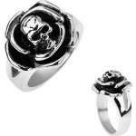 Šperky eshop Patinovaný ocelový prsten růže s lebkou uprostřed rozdvojená ramena T21.5 – Zbozi.Blesk.cz