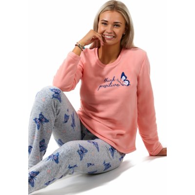 Meruňkové i šedé s modrými motýlky luxusní hřejivé dámské pyžamo 1Z1486 růžová – Zboží Mobilmania