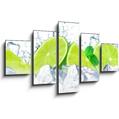 Obraz 5D pětidílný - 125 x 70 cm - lime water splash and ice cubes isolated on the white stříkající voda z vápna a kostky ledu izolované na bílém – Zboží Mobilmania