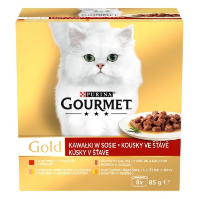 Gourmet Gold hovězí krůta a kuře a játra a kachna losos a kuře ve šťávě 8 x 85 g – Zboží Mobilmania