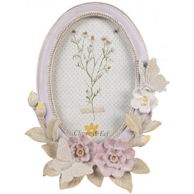 Purpurový oválný fotorámeček s květy - 16*3*20 cm / 10*15 cm - Clayre & Eef – Zboží Živě