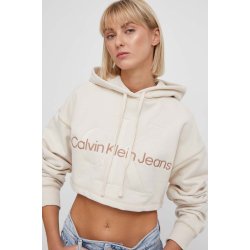 Calvin Klein Jeans bavlněná mikina dámská béžová s kapucí s aplikací J20J222540