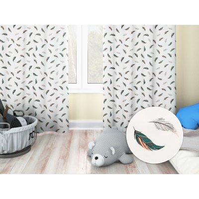 Biante Dětský bavlněný závěs Sandra SA-460 Zeleno-růžová pírka na bílém 150x260 cm – Sleviste.cz