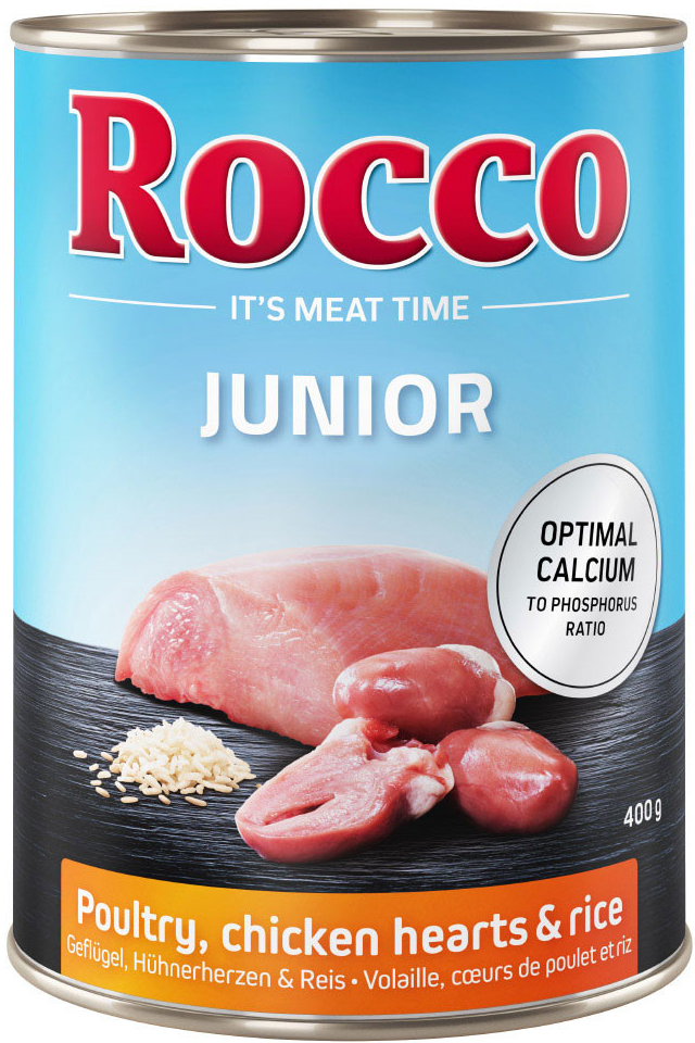 Rocco Junior drůbeží s kuřecími srdci a rýží 6 x 400 g