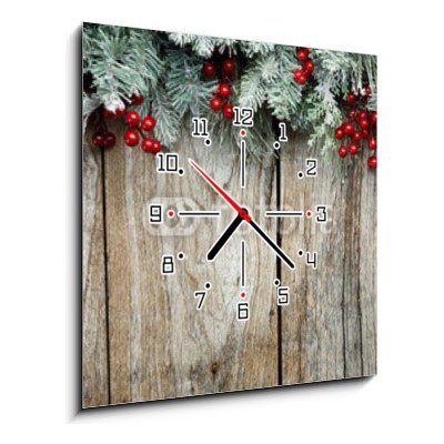 Obraz s hodinami 1D - 50 x 50 cm - Christmas fir tree on wooden background Vánoční jedle na dřevěném pozadí – Zbozi.Blesk.cz