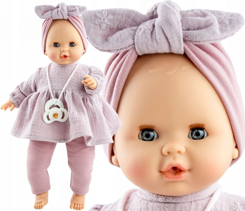 Paola Reina Realistické miminko holčička Sonia ve světle fialových šatech Alex a Sonia 36 cm