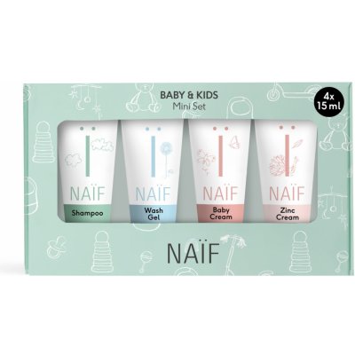 Naif Baby & Kids zjemňující tělové mléko pro dětskou pokožku 15 ml + výživný šampon na vlasy a vlasovou pokožku 15 ml + mycí gel pro děti 15 ml + pečující krém pro děti 15 ml dárková sada – Zbozi.Blesk.cz