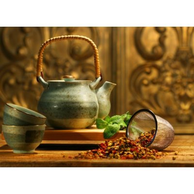 WEBLUX 5535298 Fototapeta plátno Asian herb tea on an old rustic table Asijské bylinné čaje na starém rustikálním stolku rozměry 160 x 116 cm – Zboží Mobilmania