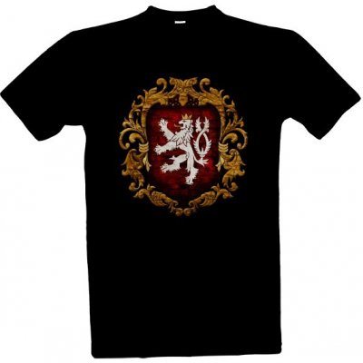 Tričko s potiskem FIT VIA VI český lev v heraldickém ornamentu pánské černá – Zboží Mobilmania