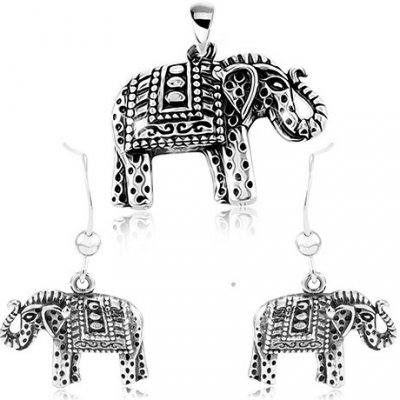 Šperky eshop stříbrný set náušnice a přívěsek gravírovaný slon s černou patinou SP85.05 – Zboží Mobilmania