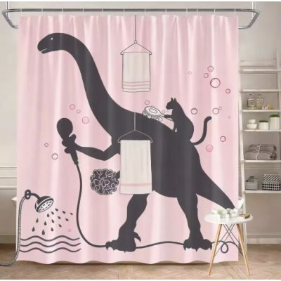 Sprchový závěs se zavěšením grommet top + háčky - Růžový s dinosaurem, 150 x 180 cm – Hledejceny.cz
