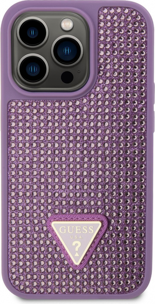 Pouzdro Guess Rhinestones Triangle Metal Logo iPhone 14 Pro fialové