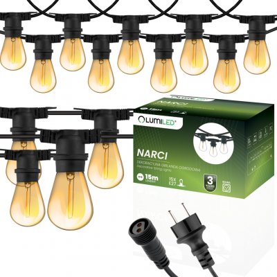 Venkovní řetěz 15m, 15x E27 Žárovky 1.3W 2200K NARCI LUMILED – Hledejceny.cz