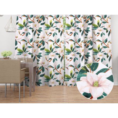 Biante Bavlněný závěs Sandra SA-293 Magnolie se zelenými listy na bílém 150x210 cm – Hledejceny.cz