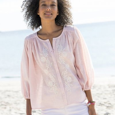 Halenka s výšivkou a 3/4 nabíranými rukávy šedorůžová/režná – Zboží Mobilmania