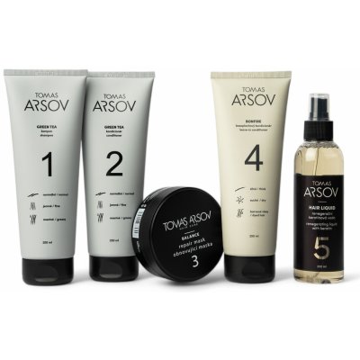 Tomas Arsov pro citlivou pokožku a oslabené vlasy GREEN TEA Šampon 250 ml + Kondicionér 250 ml + BALANCE maska 100 ml + BONFIRE Bezoplach. kondic. 250 ml + HAIR LIQUID Keratin.voda 200 ml set – Zboží Dáma