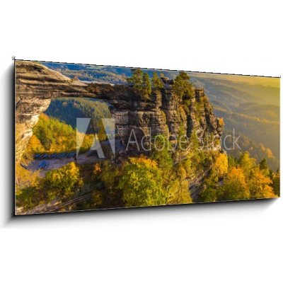 Skleněný obraz 1D panorama - 120 x 50 cm - Pravcicka Gate in autumn colors, Bohemian Saxon Switzerland, Czech Republic Pravčická brána v podzimních barvách, České saské